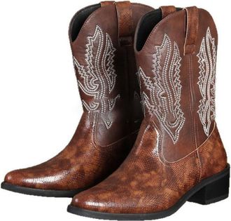 Generic Mens Pull on Wide-Calf Cowboy Boots Block Heel Mid-Calf Boots with Embroidery Stitched PU Leather Western Boot,Brown,9.5 UK