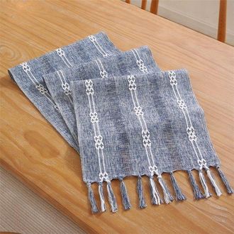 No Brand Camino De Mesa, Estilo Bohemio, Color Crema, Estilo R&uacute;stico, Con Borlas, Lavable, Decoraci&oacute;n Para Bodas, Peque&ntilde;o Jacquard Doble Azul Oscuro, 33 X 275 