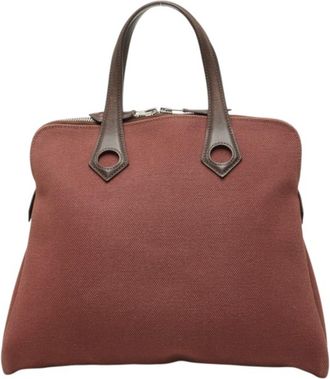 Herm&egrave;s Brown Red Color Wine Toile H Leather Handbag Tote Bag (Pre-Owned)