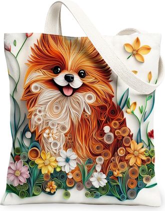 Generic Paper Quilling Pomeranian Dog Canvas Tote Bag for Shopping 13x15, Fun Wildflower Puppy Reusable Grocery Print Pattern Bag for Women, Pet Beach Aesthet
