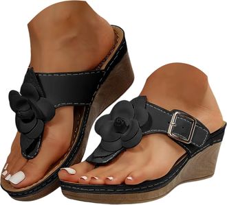 Generic Womens Summer Wedge Sandals With Floral Embellishments Solid Color Retro Flip Flops Fashionable Lightweight And Comfortable Summer Shoes Beach Walking