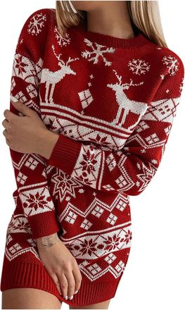 Generic Christmas Jumpers for Women UK Funny Christmas Jumper Long Sleeve Tops Tight Sweater Reindeer Graphic Sweater Casual Knitwear B - Red
