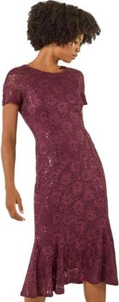 Roman Womens Leaf Lace Sequin Midi Dress - Burgundy - Size 14 UK