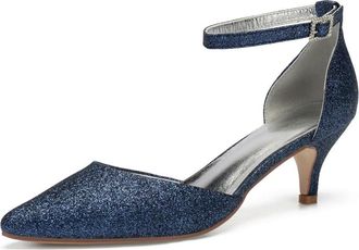 Generic Wedding Bridal Shoes Womens Mid Kitten Heel Pointed Toe Pumps Prom Party Dress Bridal Stiletto 6 Cm,Dark Blue,6 UK