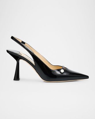 Jimmy Choo London Amita 85 Patent Nappa Leather Slingback Pumps