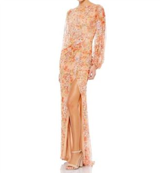 Mac Duggal Bishop Sleeve Floral Print Dress In Apricot