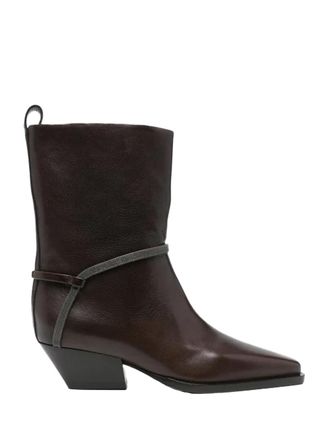 Brunello Cucinelli Leather Square-Toe Block-Heel Ankle Boot
