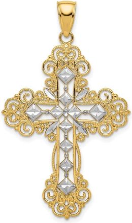 Diamond2Deal 14k Yellow Gold Rhodium Polished Textured Diamond Pattern Cross Pendant