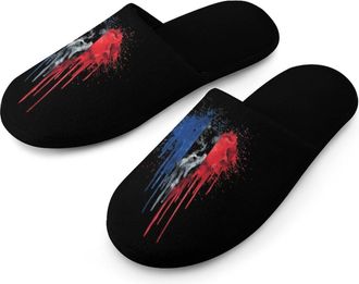 Generic France Flag Painted with Colorful Paint Splashes Mens Flannel Slipper Soft Non Slip House Shoes Comfy Winter Warm Indoor Outdoor Slippers
