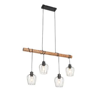QAZQA R&uacute;stico L&aacute;mpara Colgante R&uacute;stica Negra Con Madera 4 Luces - Stronk Acero / Alargada Adecuado Para Led Max. 4 X 60 Watt - Qazqa