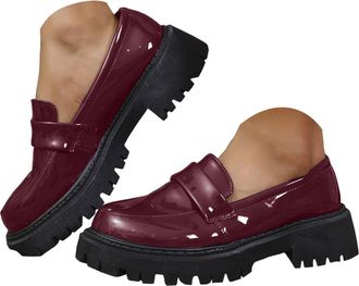 Generic Womens Platform Chunky Heeled Loafers Business Casual Work Shoes Dressy Fashion Comfortable Slip On Loafers for Women Lug Sole Round Toe Low Heel Leat