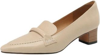 Generic Womens Vintage Pointed Toe Leather Loafers Medium Chunky Heels Slip On Durable PU Leather Upper Office Work Casual Daily Shoes,Beige,3.5 UK