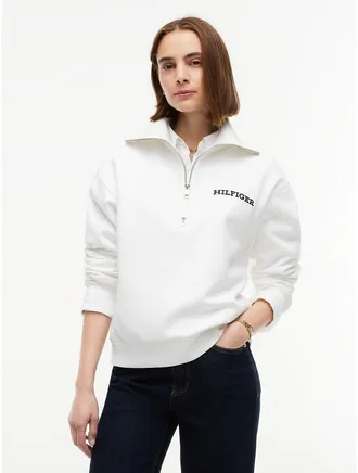 Tommy Hilfiger Womens Flocked Monotype Quarter-Zip Sweatshirt - Ecru - XXL