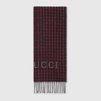 Gucci Tartan Cashmere Wool Scarf, Brown