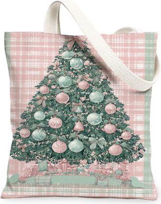 Generic Christmas Tree Canvas Tote Bags, Vintage Floral Pattern Reusable Grocery Bags, Elegant Lightweight Washable Shoulder Strap Canvas for Holiday Travel B