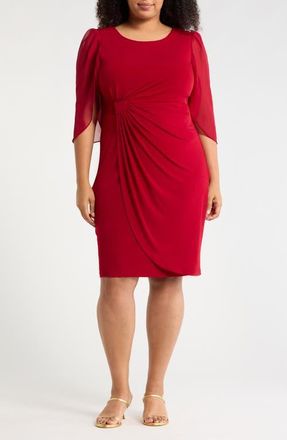 Connected Chiffon Sleeve Faux Wrap Dress in Crimson at Nordstrom, Size 16W