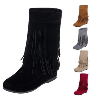 Generic Womens Cowboys Boots Fringe Cowboy Boots For Women Chunky Sole Tassel Boot Western Country Booties Mid High Suede Bootie For Ladies Mid Wide Calf Cowg
