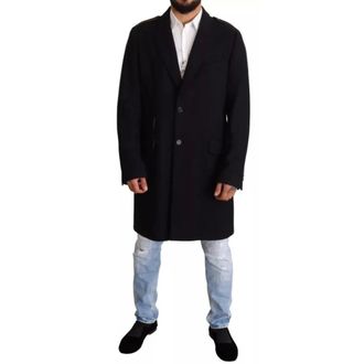 Dolce & Gabbana Single-Breasted Coats, male, Blue, Size: XS Long Wool Stretch Trench Coat