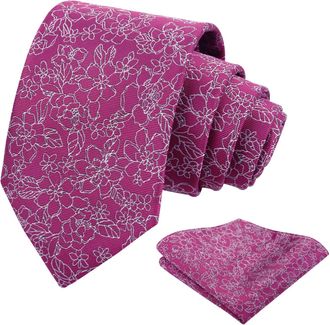 Alizeal Mens Flower Tie Set Solid Color Wedding Party Formal Casual Floral Necktie with Handkerchief Set, Magenta
