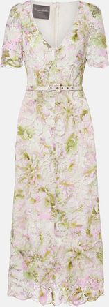 Monique Lhuillier Belted lace midi dress