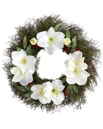 Nearly Natural 20In Cedar Amaryllis & Ruscus With Berries Artificial Wreath