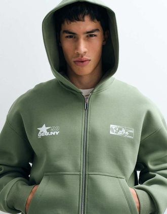 Asos Felpa squadrata comoda con cappuccio e zip in tessuto stile scuba verde con stampa