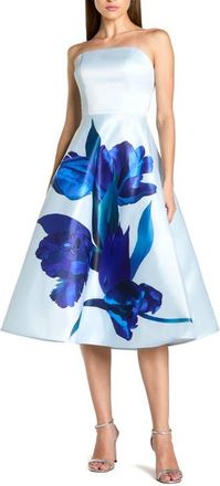 Mac Duggal Strapless Satin Midi Dress With Flower Print in Blue Multi at Nordstrom, Size 14
