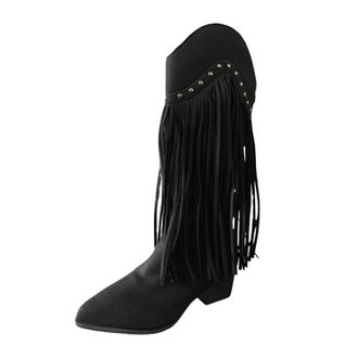Generic Knee High Boots for Women UK Fringe Tassel Vintage Leather Long Boots with Zipper Holiday Costume Block Low Heel Wide Calf Boots Ladies Waterproof Win