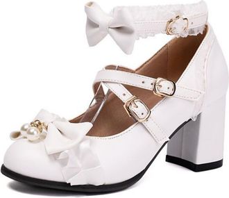 Generic Womens Lolita Pumps Round Toe Double Bow Pearl Embellishment Ruffle Trim Adjustable Buckle Straps Chunky Block Heels Lightweight Comfortable,White,10.