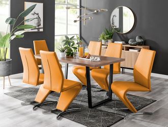 Furniturebox Kylo Large Brown Wood Effect Dining Table & 6 Willow Faux Leather Chairs in Mustard