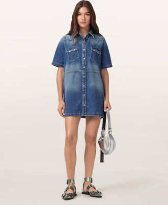 AllSaints Cotton Rock Denim Mini Dress, Size: UK 14/US 10