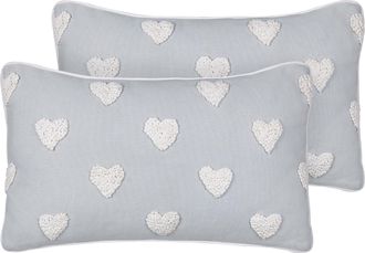 Beliani Conjunto De 2 Cojines De Algod&oacute;n Estampado Bordado Corazones 30 X 50 Cm Gris Gazania