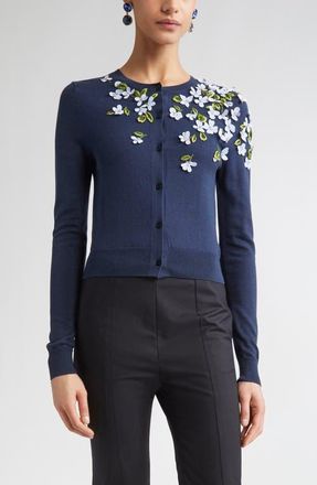 Carolina Herrera Floral Appliqué Silk & Cotton Cardigan in Midnight at Nordstrom, Size Xx-Large