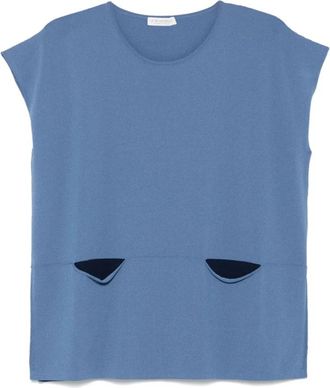 Le Tricot Perugia Blauwe korte mouw top met zakken - Dames - Tops zonder mouwen - Blauw - XL - Tops