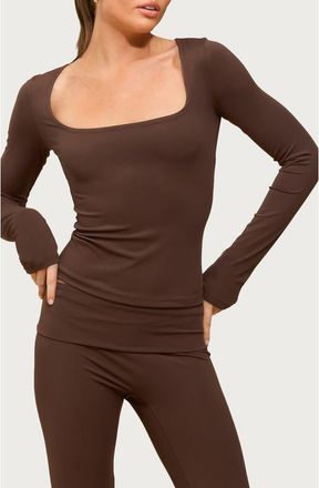 Edikted Hayden Square Neck Long Sleeve Crop Top in Brown at Nordstrom, Size X-Small