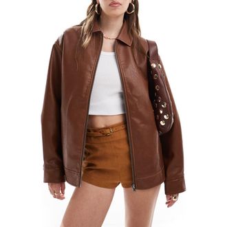 Miss Selfridge Oversize Faux Leather Bomber Jacket in Brown at Nordstrom Rack, Size 0 Us (Fits Like 00)