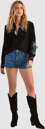 NASTY GAL Embroidered Fringe Western Shirt in Black at Nordstrom, Size 12