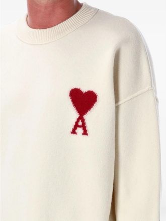Ami Natural Crewneck Wool Sweater With Ami De Coeur