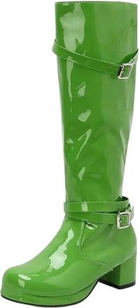 Generic Women Knee High Boots Square Toe Chunky Heel Platform Buckle Strap Elegant Long Boot
