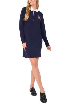 CeCe by Cynthia Steffe Contrast Collar Long Sleeve Polo Shirtdress in Classic Navy at Nordstrom, Size Medium