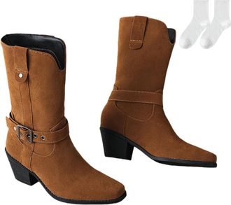Generic Womens Western Ankle Boots in Suede Look, Fashionable Mid-Calf Boots with Buckle Straps And Comfortable Block Heel, Plus Size Non-Slip Cowboy Boots fo