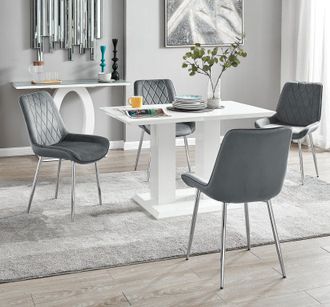 Furniturebox Imperia 4 Seater Modern White High Gloss Rectangular Dining Table & 4 Persaro Velvet Chairs in Grey