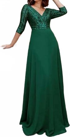 Ever-pretty V-Neck A-Line Sequin Dress In Green