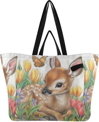 Generic Butterfly Tulips Flowers White pattern Reusable Canvas Tote Bag, Heavy Duty Grocery Shopping Bag with Double Handles Large Capacity Hard Bottom Work G