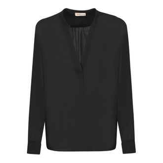 Blanca Vita Blouses, female, Black, Size: 2XS V-neck Long-sleeve Top