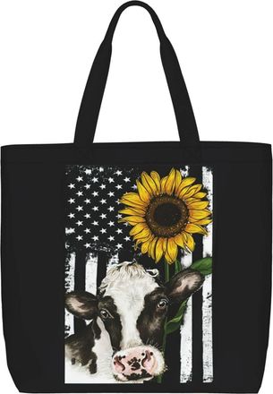 Generic Women Handbag Sunflower Cow Print Handbag Waterproof Retro Shopping Bags, For Christmas, Wedding, Work, Holiday, School