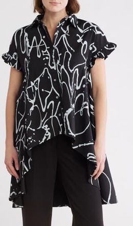 Patrizia Luca Ruched High-Low Button-Up Shirt in Black at Nordstrom Rack, Size X-Small