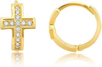 MAX + STONE 10k Yellow Gold Hoop Earrings with Cubic Zirconia Cross and Hinged Back 10 mm
