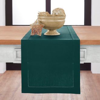 Solino Home Cotton Linen Hemstitch Table Runner for Dining Table, Holiday and Everyday Table Decor in Dark Green at Nordstrom, Size X-Large