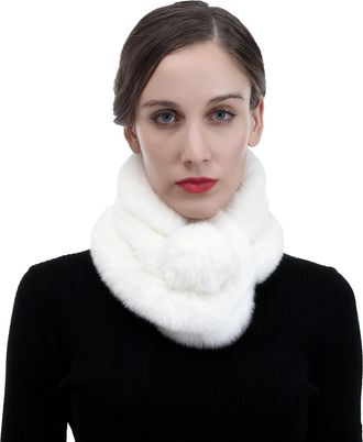 Lina & Lily Unisex Winter Fur Collar Scarf with Pom Soft Fluffy (Pure White)(Size: One Size)